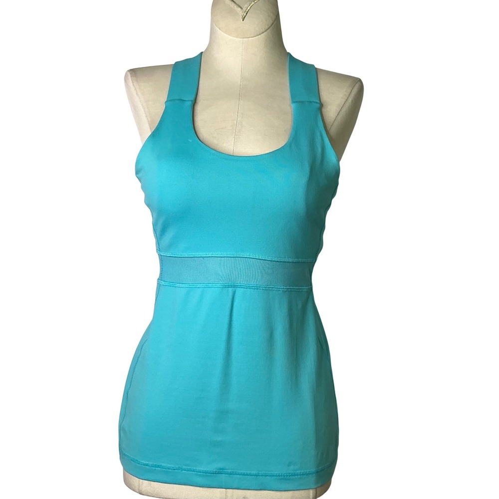 Lululemon Run Turbo Tank Top Turquoise Blue Mesh‎ Trim Criss Cross Back Size 4